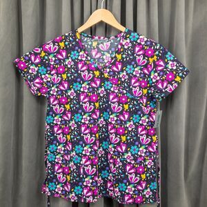Wear For Care Butterfly print Scrub Top Black Blue Purple Pink Size S NWT